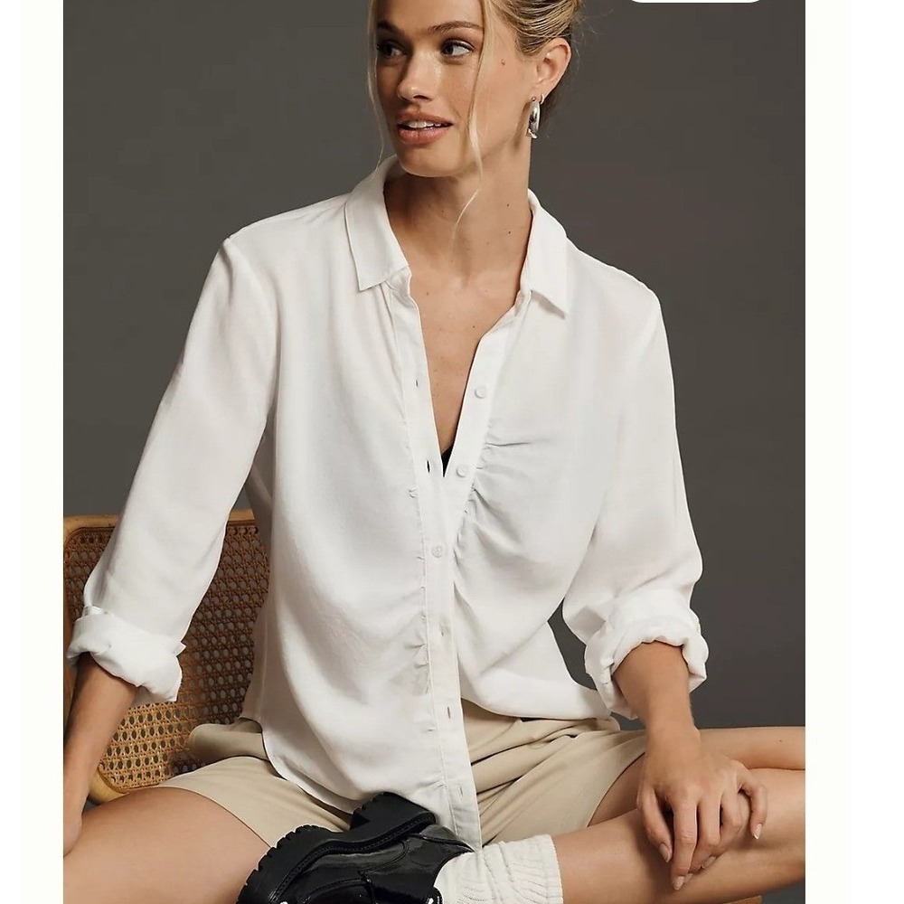 Cloth & Stone Shirred Button Down Shirt Women S White Long Sleeve Minimalist